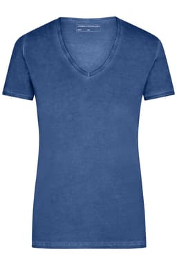 A blue ladies t-shirt with a v-neck design and short sleeves, featuring a branding logo.