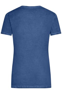 A blue ladies T-shirt with short sleeves and a classic fit, featuring a plain back design.