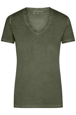 A green Ladies Gipsy T-Shirt featuring a V-neck and short sleeves, with a simple design and a logo.