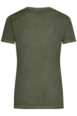 A ladies short-sleeve t-shirt in olive green featuring a simple design and a logo on the back.