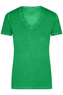 A green ladies' V-neck T-shirt with short sleeves, featuring a logo.