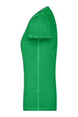 A green Ladies Gipsy T-Shirt displayed from the side, showcasing its fitted style. It has a logo on it.