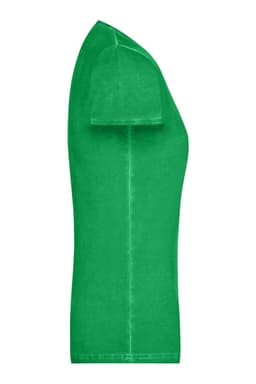 A green ladies T-shirt with a fitted style, featuring a short sleeve design and a logo on the side.
