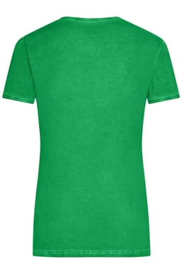 A green ladies' T-shirt with a round neckline and short sleeves, featuring a plain back design.