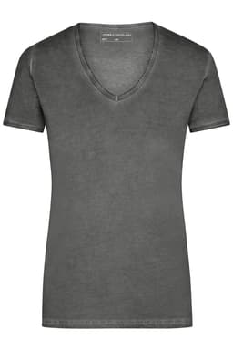 A grey ladies' t-shirt with a V-neck and short sleeves, featuring a subtle faded design. It includes a branding label.