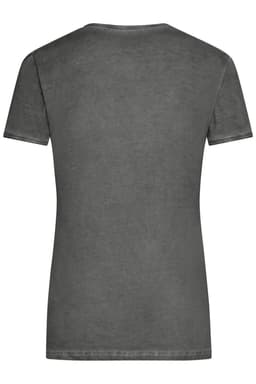 A grey ladies' T-shirt with short sleeves and a simple design, featuring a logo on the back.