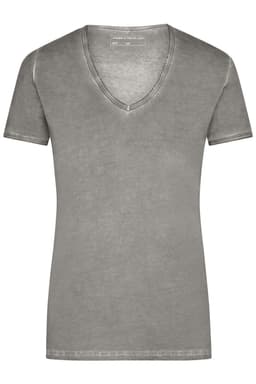 A grey Ladies Gipsy T-Shirt with a V-neck and short sleeves, featuring a subtle vintage look and a branding logo.