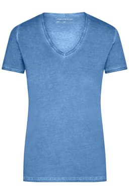 A blue V-neck t-shirt featuring short sleeves and a simple design. The shirt has a branding logo.