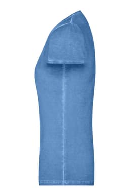 A blue ladies t-shirt viewed from the side, featuring a classic cut and short sleeves. It includes a logo.