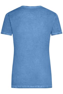 A blue ladies' T-shirt featuring a round neck and short sleeves. The back view highlights its fitted design.