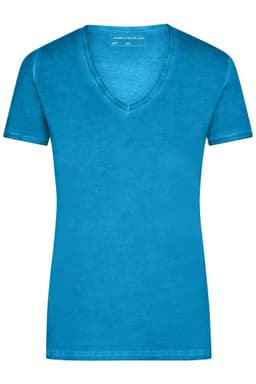 A blue v-neck ladies t-shirt with short sleeves and a slight fade. The t-shirt features a logo.