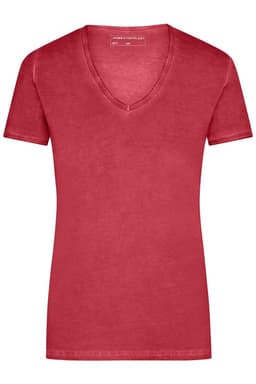 A red ladies' t-shirt featuring a v-neck design and short sleeves. The shirt has a branding logo.