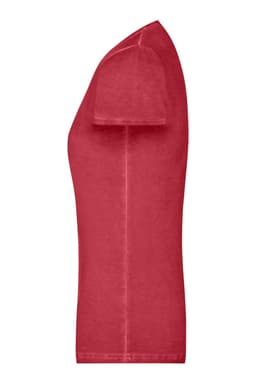 A red ladies' T-shirt featuring a fitted design and short sleeves. The shirt has a logo on it.