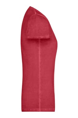 A red ladies' t-shirt featuring a fitted design and short sleeves. The shirt has a logo on it.