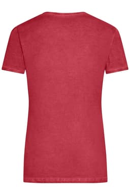 A red ladies' T-shirt with short sleeves and a classic fit, featuring a branding logo.