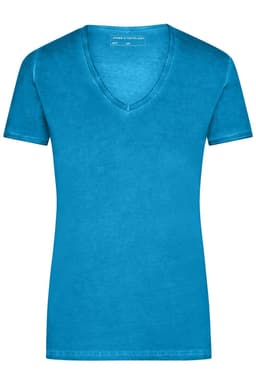 A blue ladies' V-neck T-shirt featuring a fitted design and short sleeves. The shirt has a subtle texture and a logo.