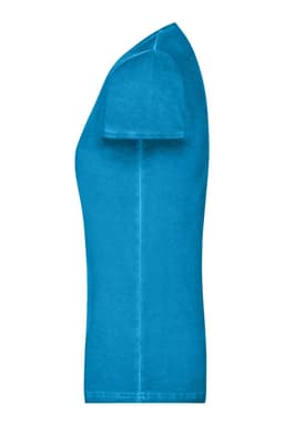 A turquoise ladies t-shirt displayed from a side angle. The shirt has short sleeves and a fitted design.