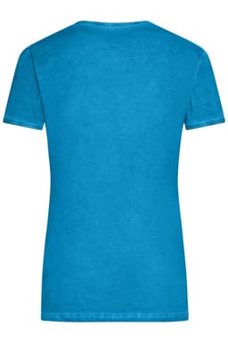 A blue ladies' T-shirt with short sleeves and a round neckline, featuring a logo on the back.