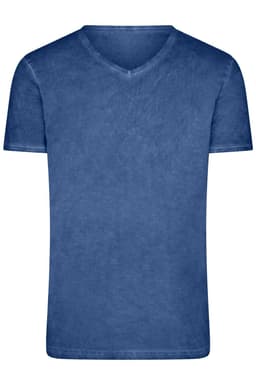 A men's v-neck t-shirt in a deep blue colour, featuring a simple design and a logo.