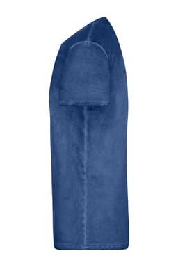 A dark blue men's T-shirt with a rounded neckline and short sleeves, featuring a logo on the front.