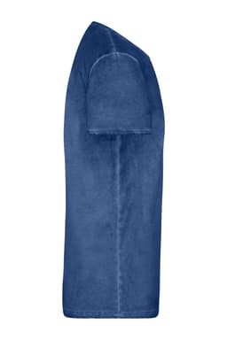 A blue men's T-shirt with a rounded neckline and short sleeves. It features a logo on the side.