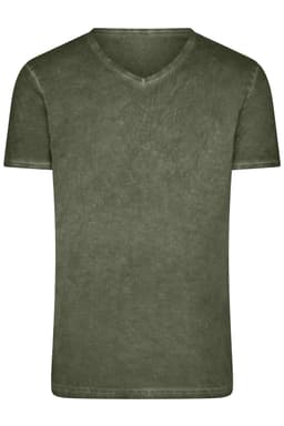 A men's V-neck T-shirt in a muted olive green shade, featuring a simple design with no visible branding.