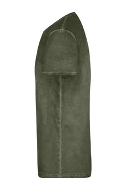 An olive green men's T-shirt with a short sleeve and round neckline, featuring a logo on the side.