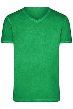 A green men's T-shirt with a V-neck design, featuring a subtle texture and a logo on one side.