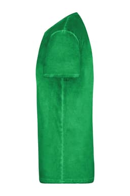 A green men's t-shirt displayed from the side, featuring short sleeves and a simple design.