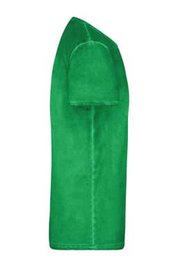 A green men's T-shirt displayed from the side, featuring a simple design and a logo on the chest.