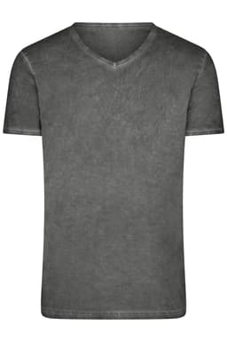 A grey v-neck t-shirt with a soft, textured finish, featuring a logo on the fabric.
