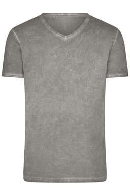A grey v-neck men's t-shirt with a casual, slightly textured fabric. Features a logo on the label.