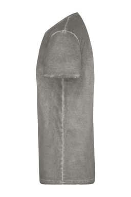 A grey men's t-shirt displayed from the side, featuring a classic fit and short sleeves. It has a logo on it.