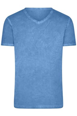 A blue v-neck men's t-shirt with a casual, textured finish and short sleeves. It features a logo on the side.