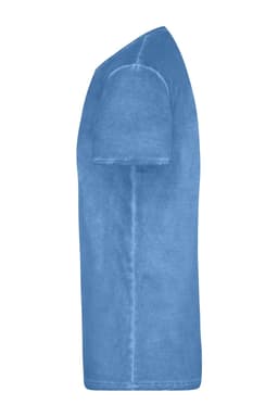 A blue men's T-shirt displayed from the side, featuring a round neckline and short sleeves. It has a logo present.