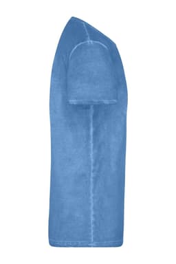 A blue men's T-shirt displayed from the side, featuring short sleeves and a simple design. It has a logo.