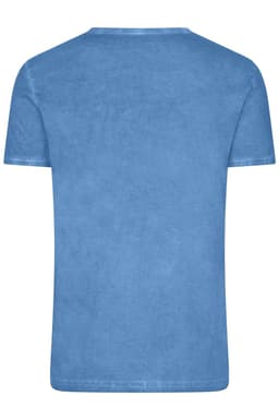 A blue men's T-shirt with a round neckline and short sleeves, featuring a plain back.