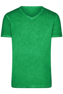 A green V-neck men's T-shirt made from a soft fabric, featuring a simple design and no visible logos.