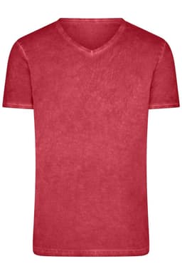 A red v-neck men's t-shirt with a subtle texture, featuring a logo on the front.