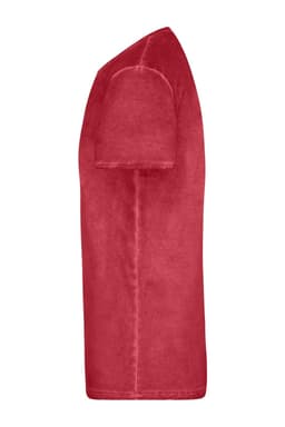 A red men's T-shirt featuring short sleeves and a casual style, displayed from a side view.