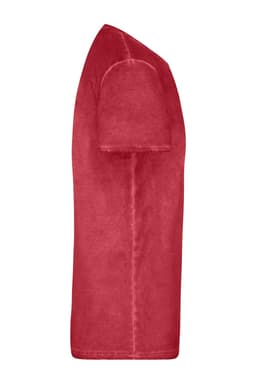 A red men's T-shirt with short sleeves and a plain design. The shirt has a logo on one side.