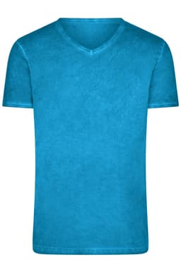 A turquoise men's T-shirt with a V-neck and short sleeves. It features a plain design and has a logo.