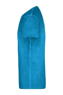 A bright blue men's t-shirt displayed from the side, featuring a rounded neckline and short sleeves.