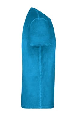 A turquoise men's T-shirt displayed from a side angle, featuring a logo on the shoulder area.