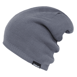 A grey reversible beanie with a textured knit design and a small logo tag.