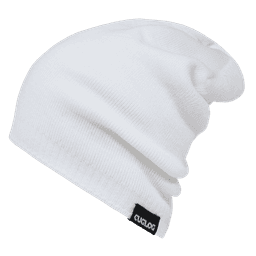 A white reversible beanie with a snug fit and a logo tag on the side.