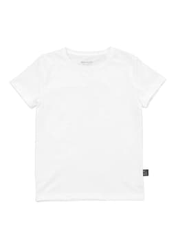 A plain white children's t-shirt with short sleeves and a small logo tag on the side.