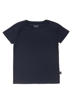 A navy blue kid's T-shirt with short sleeves and a small logo on the side.