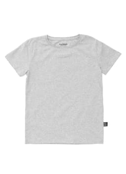 A grey kid's T-shirt with a round neckline and a brand logo on the side. The material appears soft and comfortable.