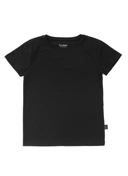 A black kid's t-shirt with a round neckline and short sleeves, featuring a label on the side.